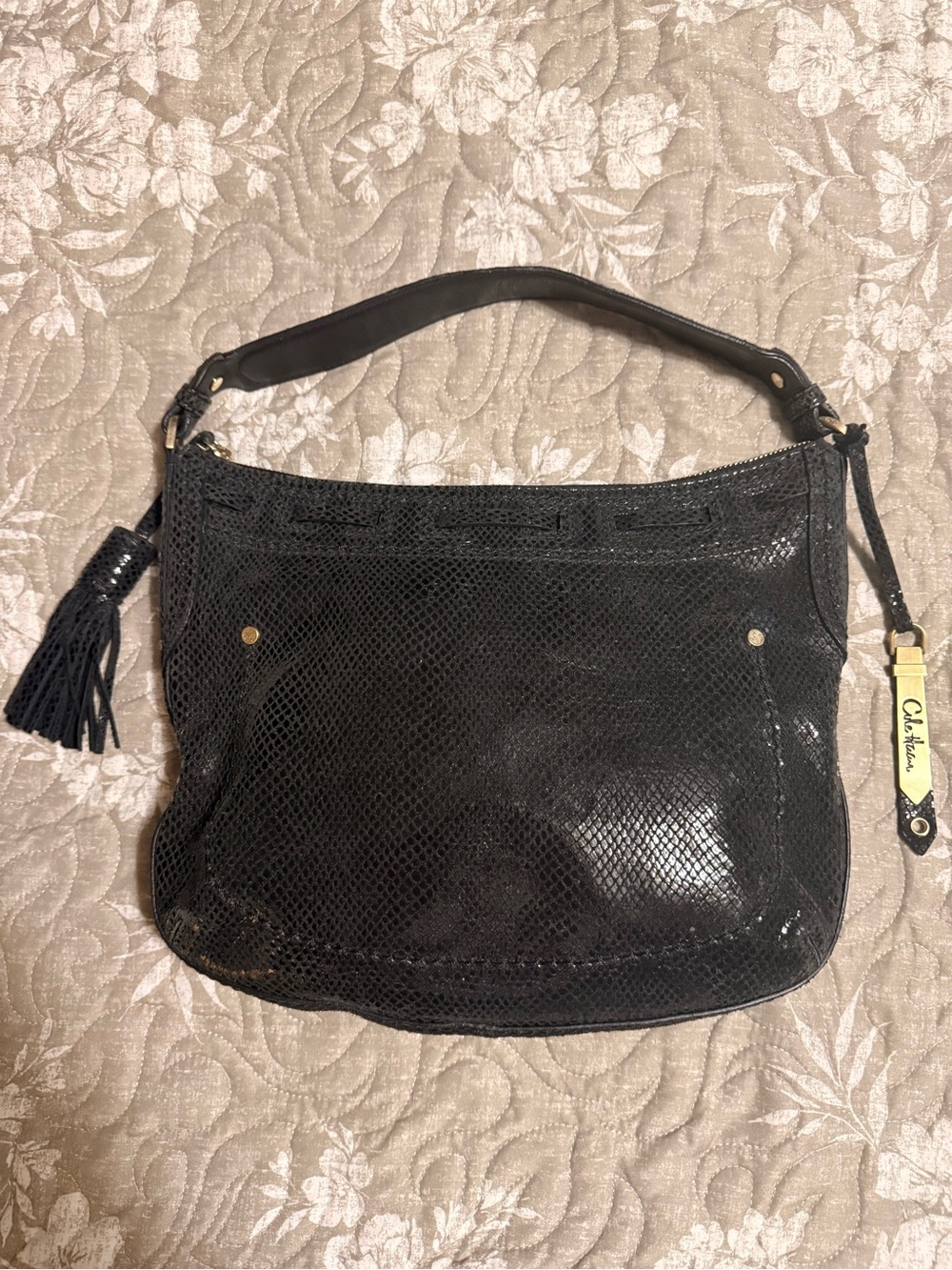 Cole Haan Black Python Embossed Leather Hobo Tassel Bag